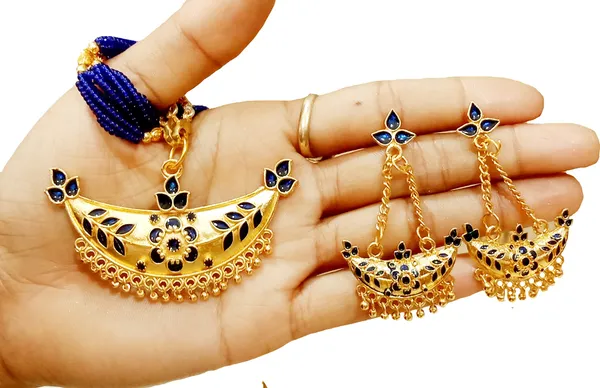 Assamese_Traditional_Gold_Plated_Blue_Colour_Joonbiri_Tassel_Jewellery_Set_For_Women